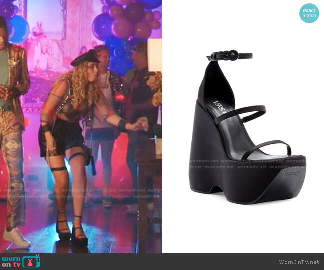 Versace Strap Satin Platform Wedge Sandals worn by Amanda Carrington (Eliza Bennett) on Dynasty