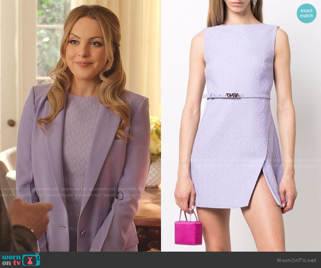 Versace Belted Cotton-Tweed Mini Dress worn by Fallon Carrington (Elizabeth Gillies) on Dynasty