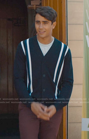 Victor’s vertical stripe cardigan on Love Victor