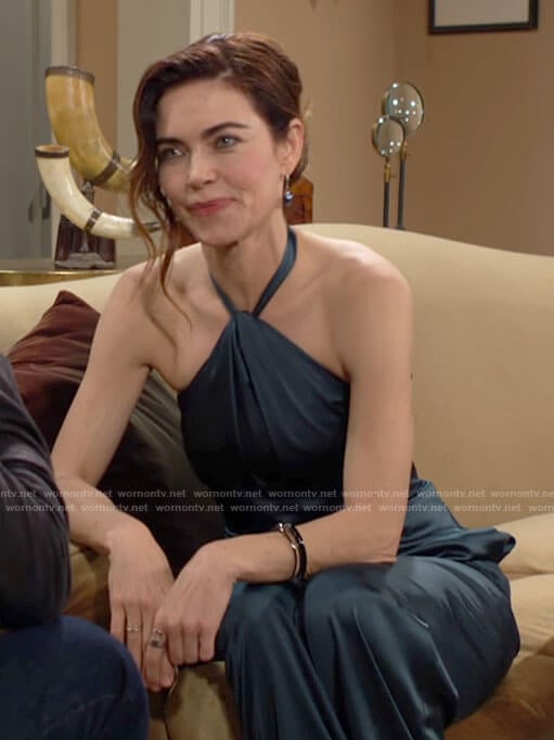 Victoria’s teal blue halterneck jumpsuit on The Young and the Restless