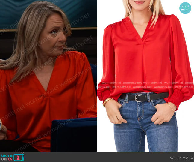 Vince Camuto Smock Cuff Rumpled Satin Blouse worn by Gladys Corbin (Bonnie Burroughs) on General Hospital