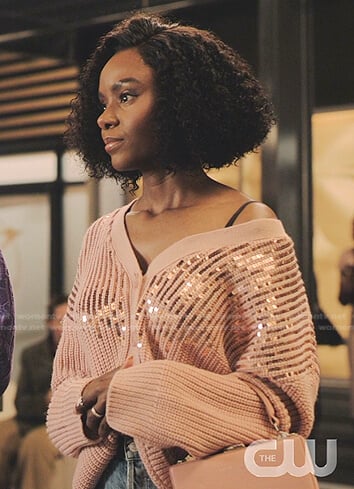 Zenzie’s pink sequin cardigan on Tom Swift