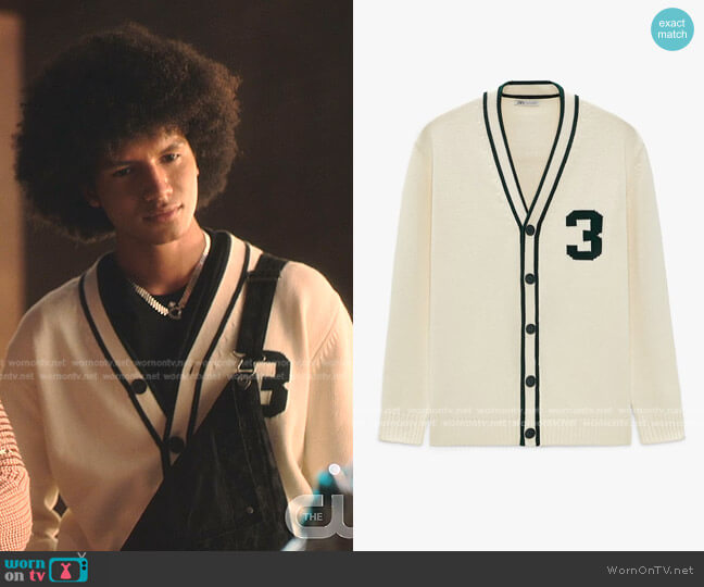 Zara Numbered Jacquard Cardigan worn by Lino (Donovin Miller) on Tom Swift