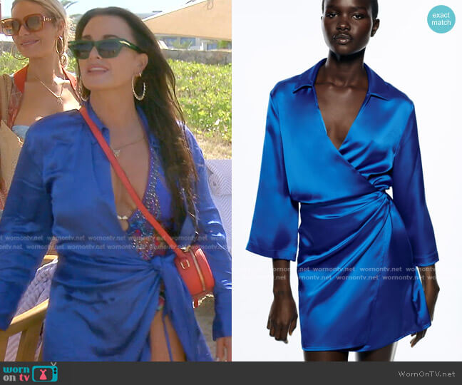 Zara Wrap Front Satin Effect Dress worn by Kyle Richards on The Real Housewives of Beverly Hills