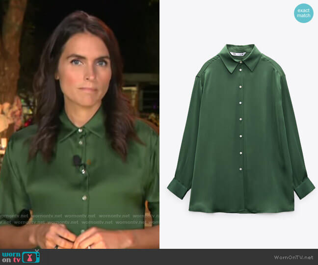 Zara Satin Effect Shirt in Green worn by Lilia Luciano on CBS Mornings