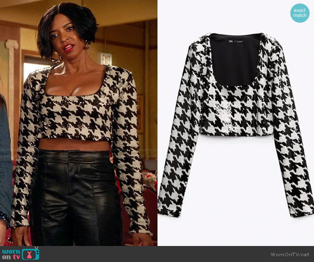 Zara Sequin Houndstooth Top worn by Wickie Roy (Renée Elise Goldsberry) on Girls5eva