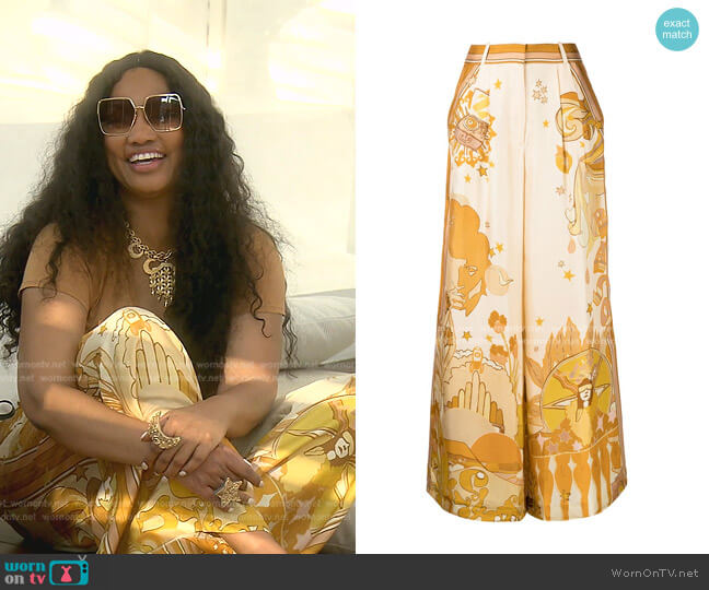 Zimmermann Tempo Wide-Leg Silk Trousers worn by Garcelle Beauvais on The Real Housewives of Beverly Hills