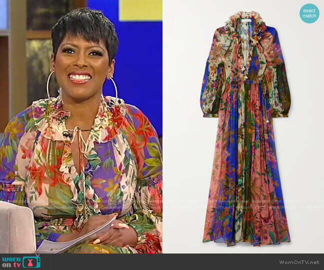 Zimmermann Tropicana Ruffled Pleated Floral-Print Dress worn by Tamron Hall on Tamron Hall Show