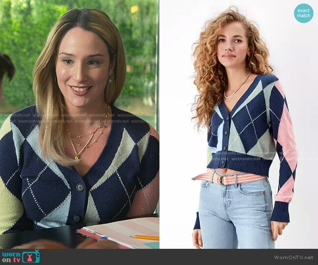 American Eagle Cropped Argyle Button-Up Cardigan worn by Davia (Emma Hunton) on Good Trouble