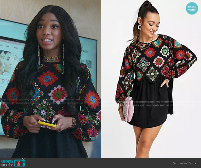 Asos Mini Crochet Embroidered Smock Dress in black worn by Zelda Grant (Teala Dunn) on Good Trouble