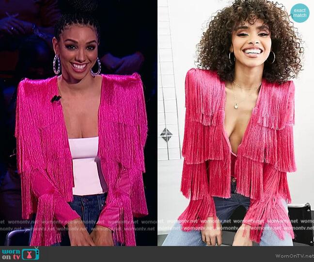 ASOS Fringed Top with Shoulder pads worn by Corinne Foxx on Beat Shazam