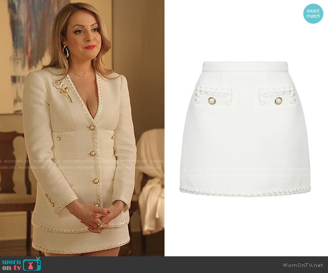 Alessandra Rich Braided Boucle Wool-Blend Tweed Mini Skirt worn by Fallon Carrington (Elizabeth Gillies) on Dynasty