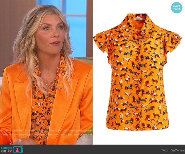 Alice + Olivia Martell horse-print silk blouse worn by Amanda Kloots on The Talk