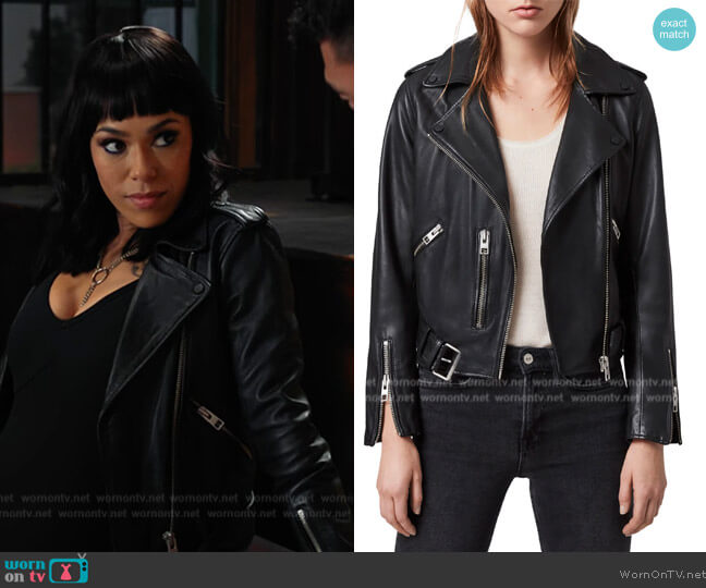 All Saints Balfern Leather Biker Jacket worn by Emily Lopez (Jessica Camacho) on All Rise