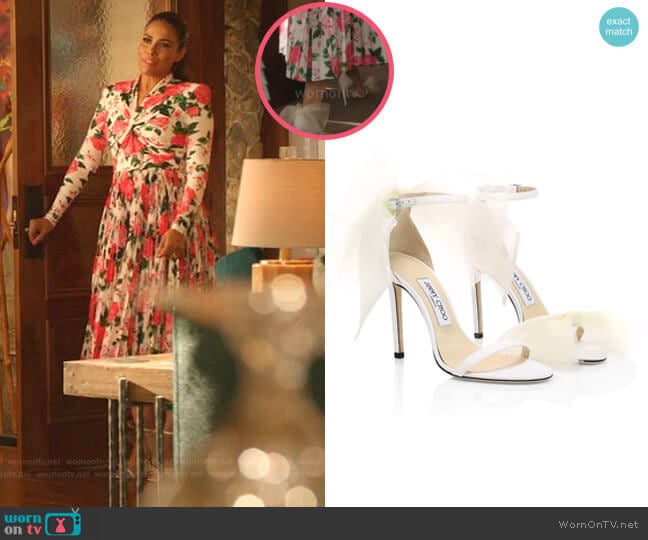Jimmy Choo Aveline Tulle Bow Leather Sandals worn by Cristal Jennings (Daniella Alonso) on Dynasty
