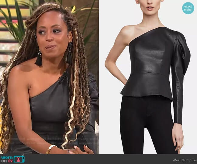 BCBGMAXAZRIA Lillyan One-Shoulder Faux-Leather Top worn by Essence Atkin on E! News