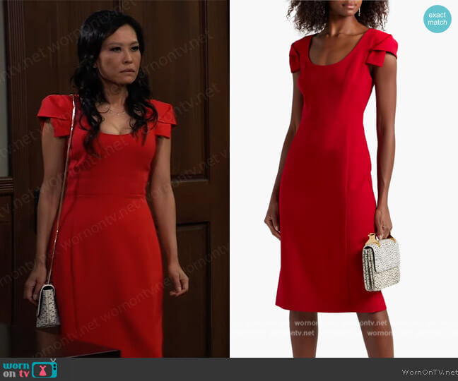 Black Halo Amelie pleated cady dress worn by Selina Wu (Lydia Look) on General Hospital