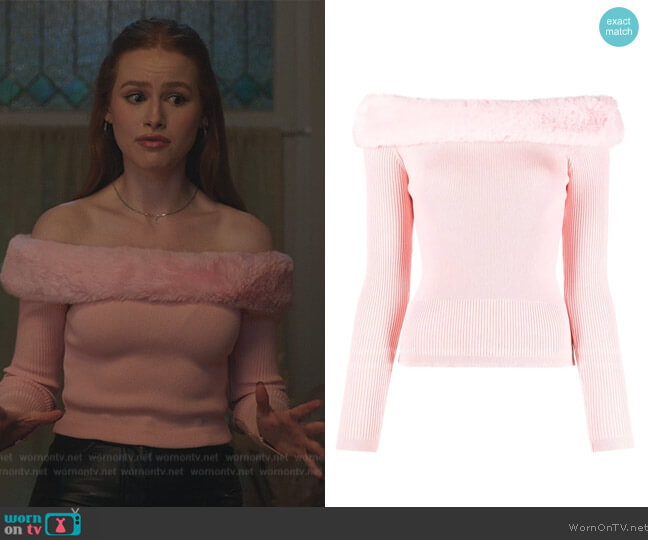 Blumarine Fur Collar Off Shoulder Jumper worn by Cheryl Blossom (Madelaine Petsch) on Riverdale