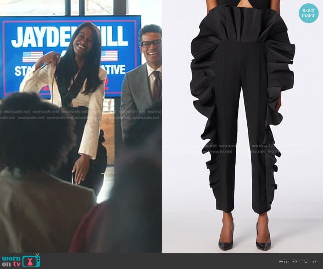 Carolina Herrera Ruffled Satin-Trimmed Wool-Blend Pants worn by Jessie (Nneka Okafor) on Everythings Trash