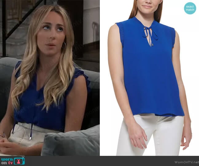Calvin Klein Sleeveless Ruffle Trim Tie Neck Blouse worn by Josslyn Jacks (Eden McCoy) on General Hospital