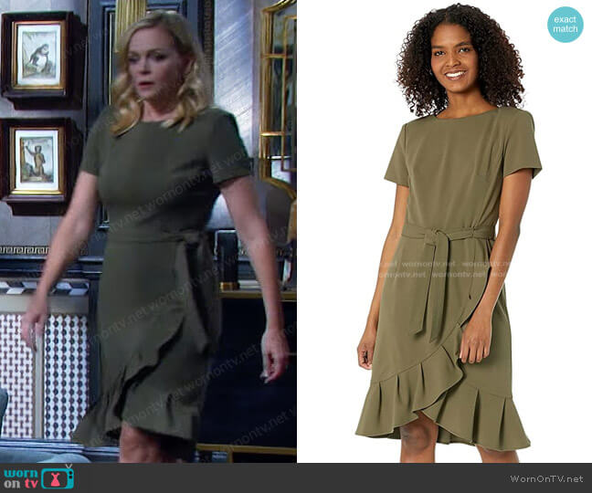 Calvin Klein Short Sleeve Scuba Crepe Dress With Ruffle and Waist Tie worn by Belle Brady (Martha Madison) on Days of our Lives