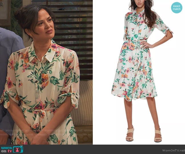 Calvin Klein Floral-Print Tie-Sleeve Shirtdress