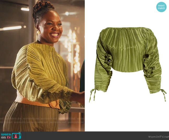 Cult Gaia Mala Plissé Pleat Ruched Ruffle Sleeve Top