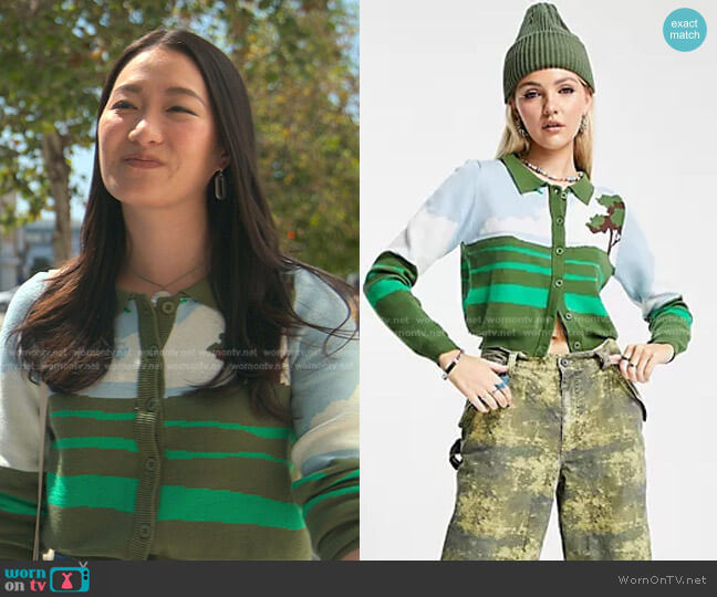 Daisy Street Relaxed Crop Cardigan in Landscape Print worn by Sumi (Kara Wang) on Good Trouble