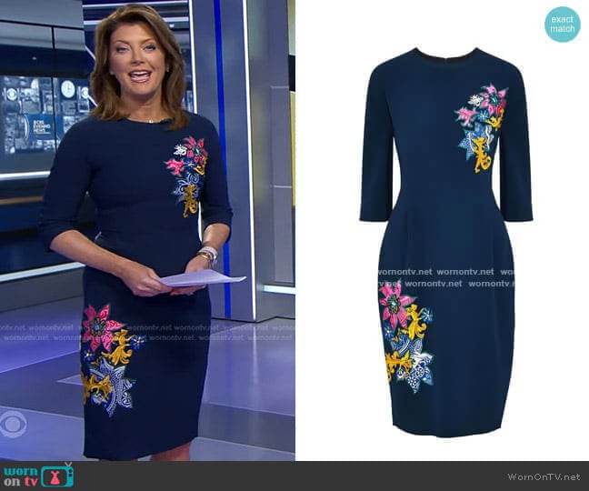 Mary Katrantzou Disney Appliquéd Crepe Dress worn by Norah O'Donnell on CBS Evening News