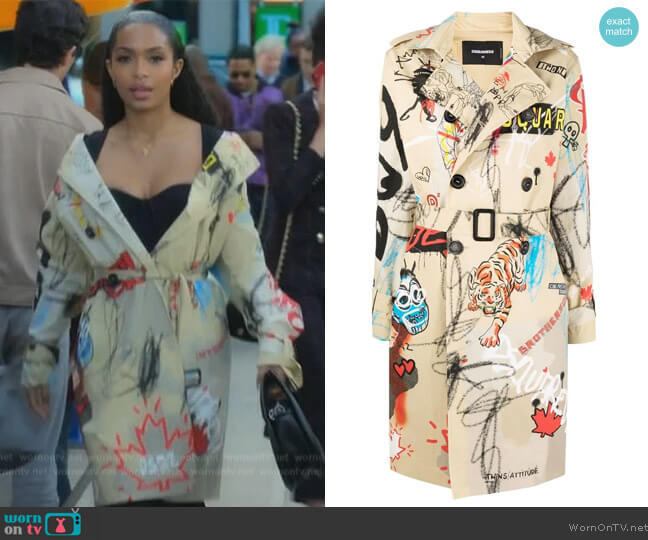 Dsquared2 Graffiti-Print Trench Coat worn by Zoey Johnson (Yara Shahidi) on Grown-ish