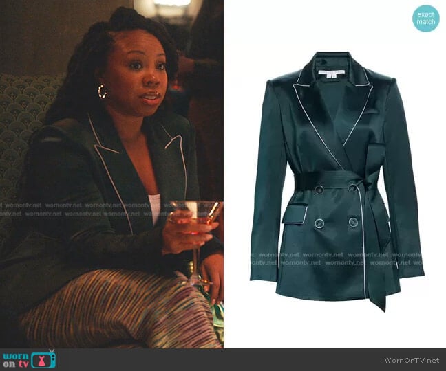 Veronica Beard Eiza Belted Satin Jacket worn by Malika (Toccarra Cash) on Everythings Trash
