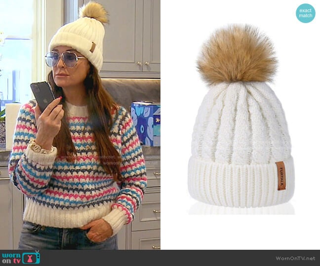 Furtalk Faux Fur Pom Pom Beanies worn by Kyle Richards on The Real Housewives of Beverly Hills