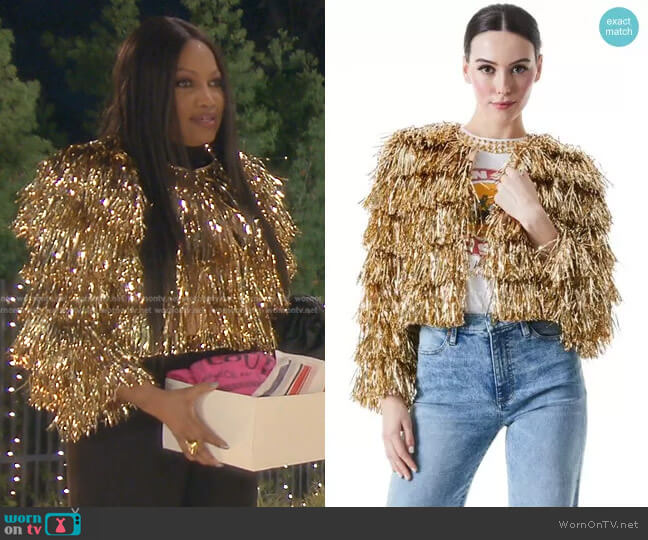 Alice + Olivia Fawn Fringe Tinsel Jacket worn by Garcelle Beauvais on The Real Housewives of Beverly Hills