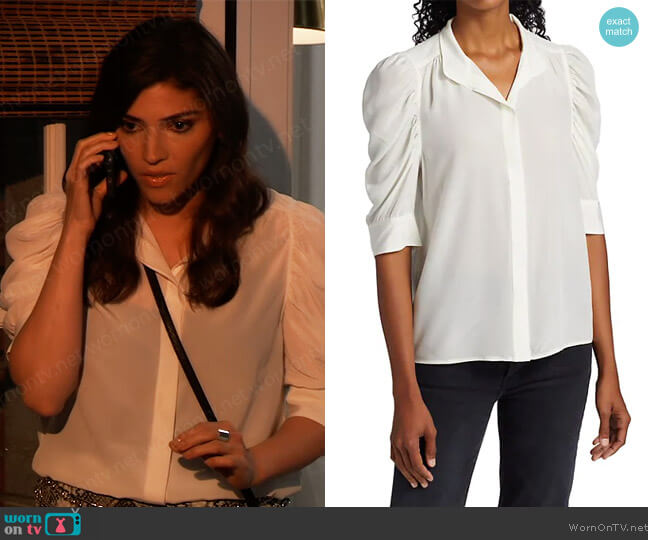 Frame Gillian Puffed Shoulder Blouse worn by Brook Lynn Quartermaine (Amanda Setton) on General Hospital