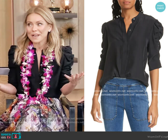 Frame Shirred Sleeve Silk Blouse worn by Kelly Ripa on Live with Kelly and Mark