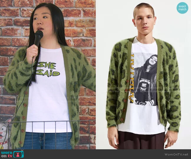 Urban Outfitters Fuzzy Cheetah Print Cardigan worn by Alice Kwan (Sherry Cola) on Good Trouble
