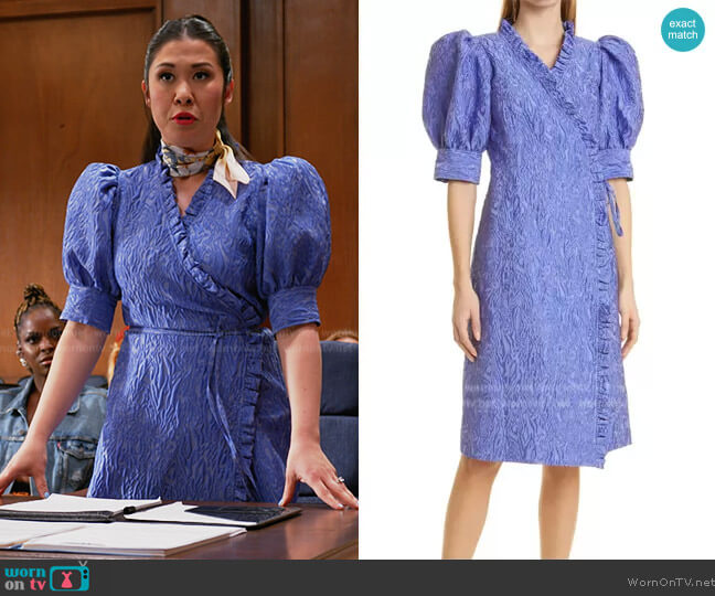 Ganni Ruffle 3D Jacquard Wrap Dress worn by Sherri Kansky (Ruthie Ann Miles) on All Rise