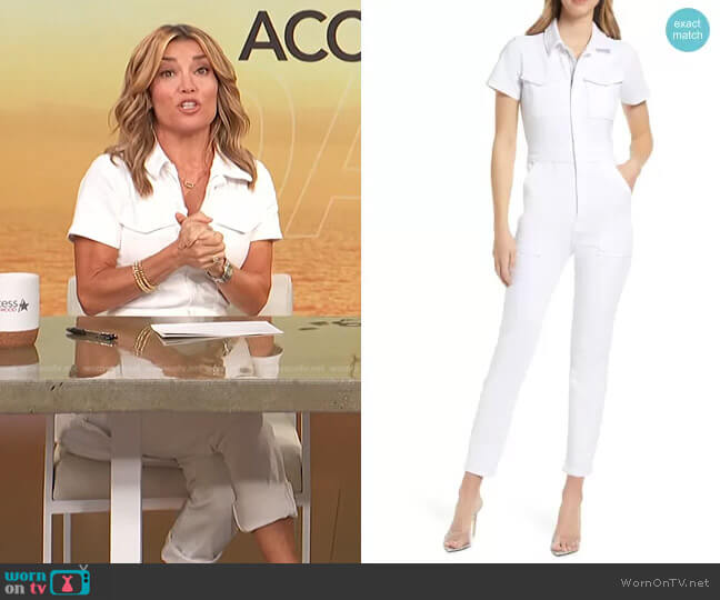 Good American Fit for Success Stretch Cotton Twill Jumpsuit in White worn by Kit Hoover on Access Hollywood