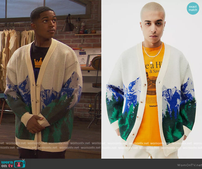 Jaded London Mountain Scene Oversized Cardigan worn by Booker Baxter (Issac Ryan Brown) on Ravens Home