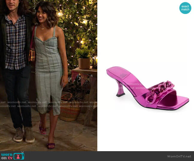 Jeffrey Campbell Mr Big Chain Slide Sandal in Pink Combo worn by Louise (Nichole Sakura) on Maggie