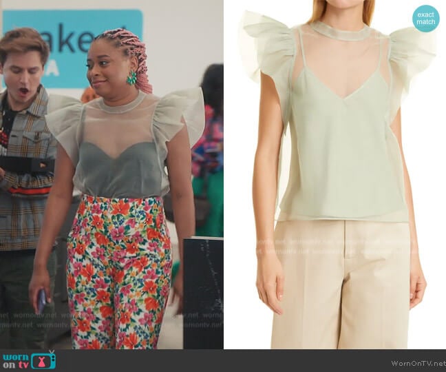 Jonathan Simkhai Corina Recycled Organza Blouse worn by Phoebe (Phoebe Robinson) on Everythings Trash