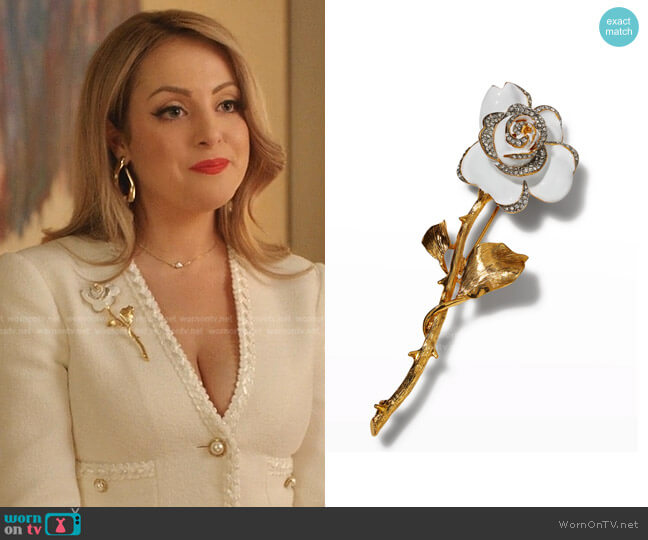 Kenneth Jay Lane Rhinestone & Enamel Flower Pin worn by Fallon Carrington (Elizabeth Gillies) on Dynasty