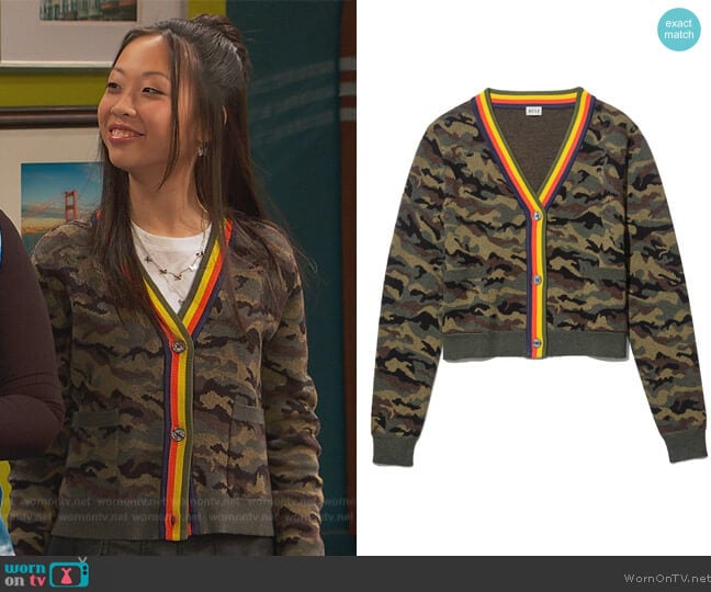 Kule The Jane Cardigan in Camo worn by Ivy (Emmy Liu-Wang) on Ravens Home
