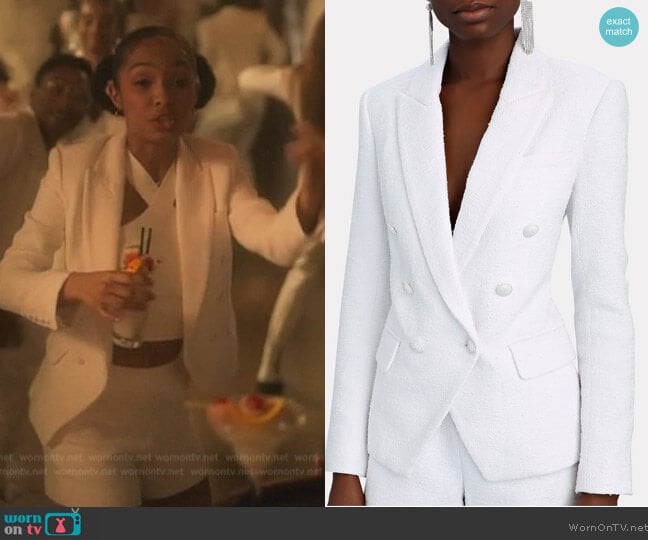 L'Agence Kenzie Double-Breasted Boucle Tweed Blazer worn by Zoey Johnson (Yara Shahidi) on Grown-ish