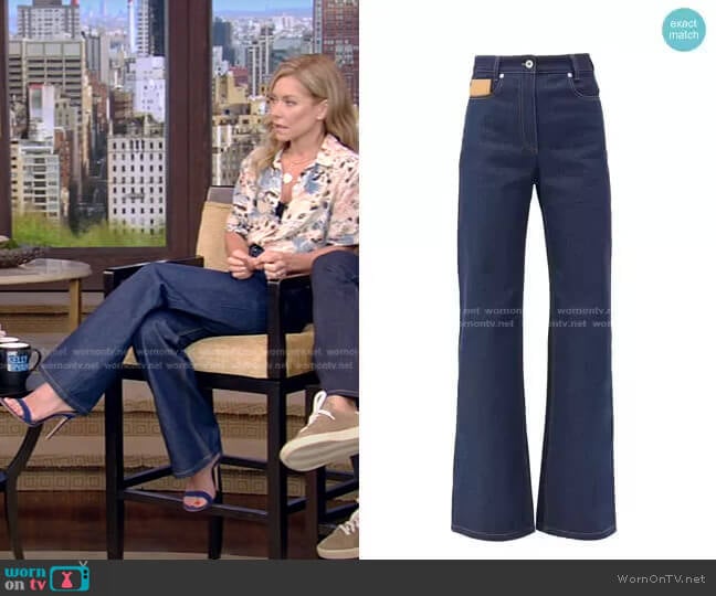 Paco Rabanne Leather-Patch High-Rise Flared Jeans worn by Kelly Ripa on Live with Kelly and Mark