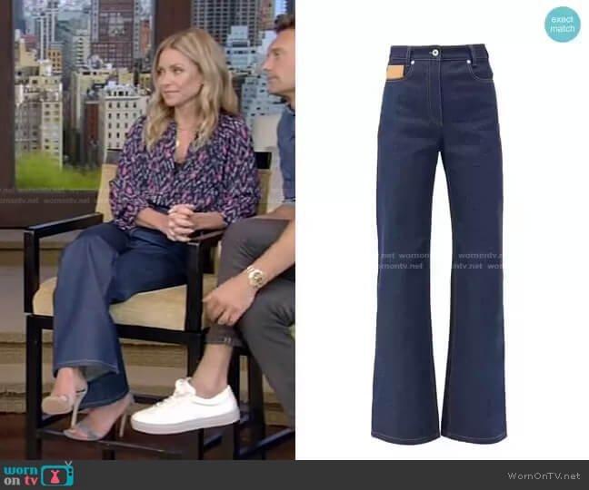 Paco Rabanne Leather-Patch High-Rise Flared Jeans worn by Kelly Ripa on Live with Kelly and Mark