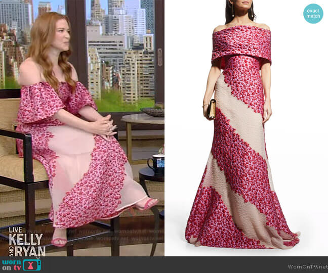 Lela Rose Diagonal Stripe Jacquard Off-The-Shoulder Gown worn by Sarah Drew on Live with Kelly and Mark