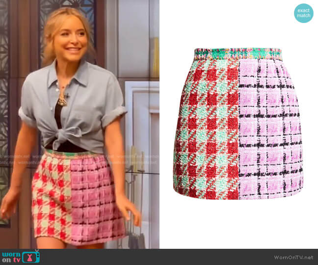 Libertine Mixed Check Boucle Mini Skirt worn by Kelly Ripa on Live with Kelly and Mark