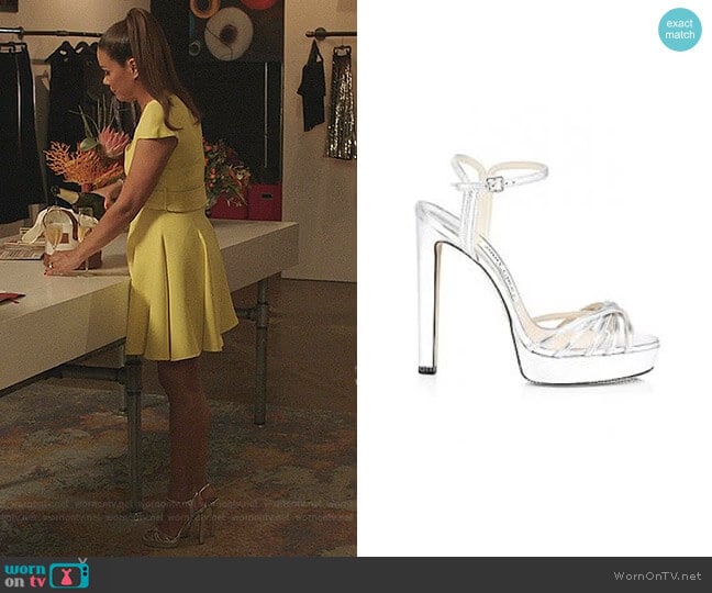 Jimmy Choo Lilah Platform Metallic Leather Sandals worn by Cristal Jennings (Daniella Alonso) on Dynasty