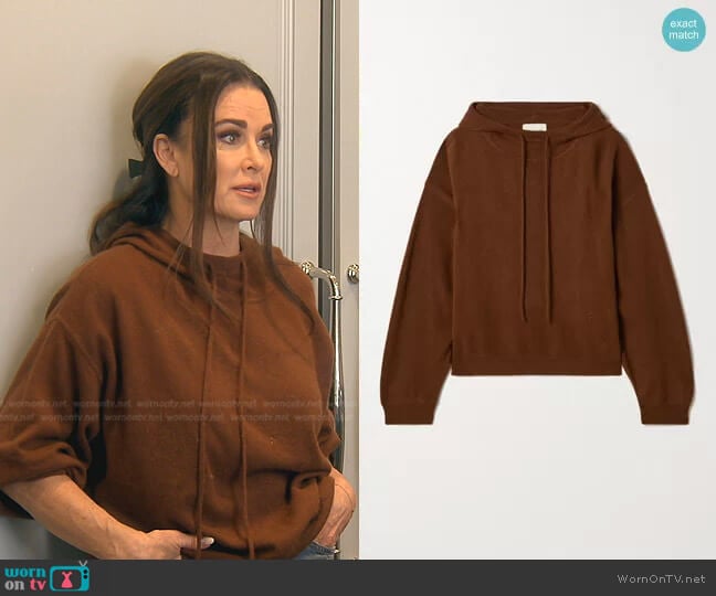 Loulou Studio Linosa cashmere hoodie worn by Kyle Richards on The Real Housewives of Beverly Hills